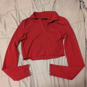 SHEIN Red Collared Long Sleeve Crop Top